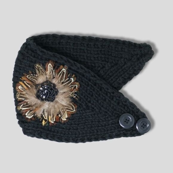 Vintage Y2K Knit Winter Headband Feather Bead Flower Accent Deep Blue One Size - Picture 2 of 11